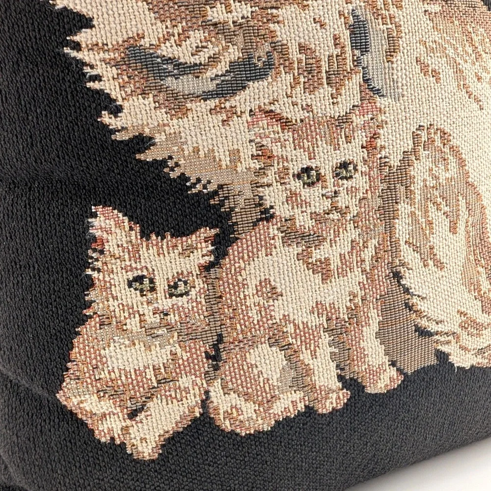 Vintage‎ Woven Tapestry Cat and Kittens Throw Pillow Black Beige Square Accent